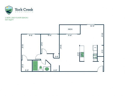 Floor plan for 2 beds, 1 bath, 901 sqft